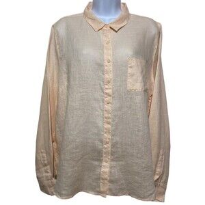 Garnet Hill Linen Shirt Women Size 14 Long Sleeve Button Front Peach Pink